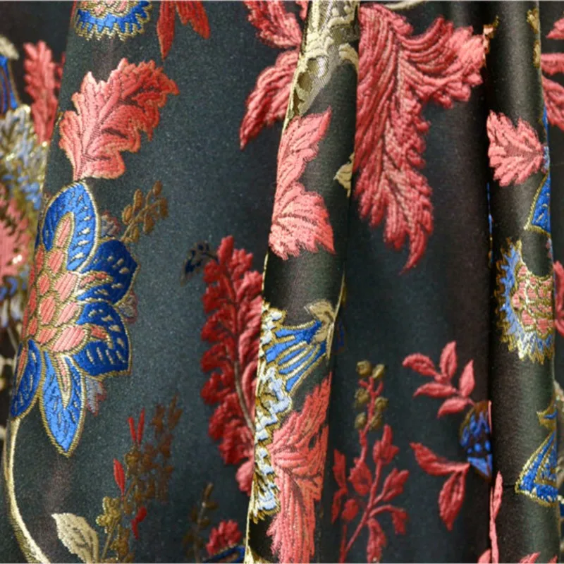 

Black coffee coral red woven gold lustrous silk jacquard fashion fabric coat skirt cheongsam