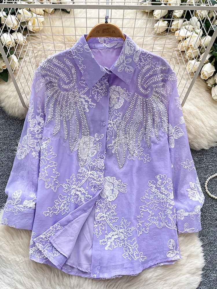 الخريف الشتاء المرأة الفرنسية المطرزة حبة الترتر المطرزة قميص طويل الأكمام جديد فضفاض تنوعا شيك بلوزة W71