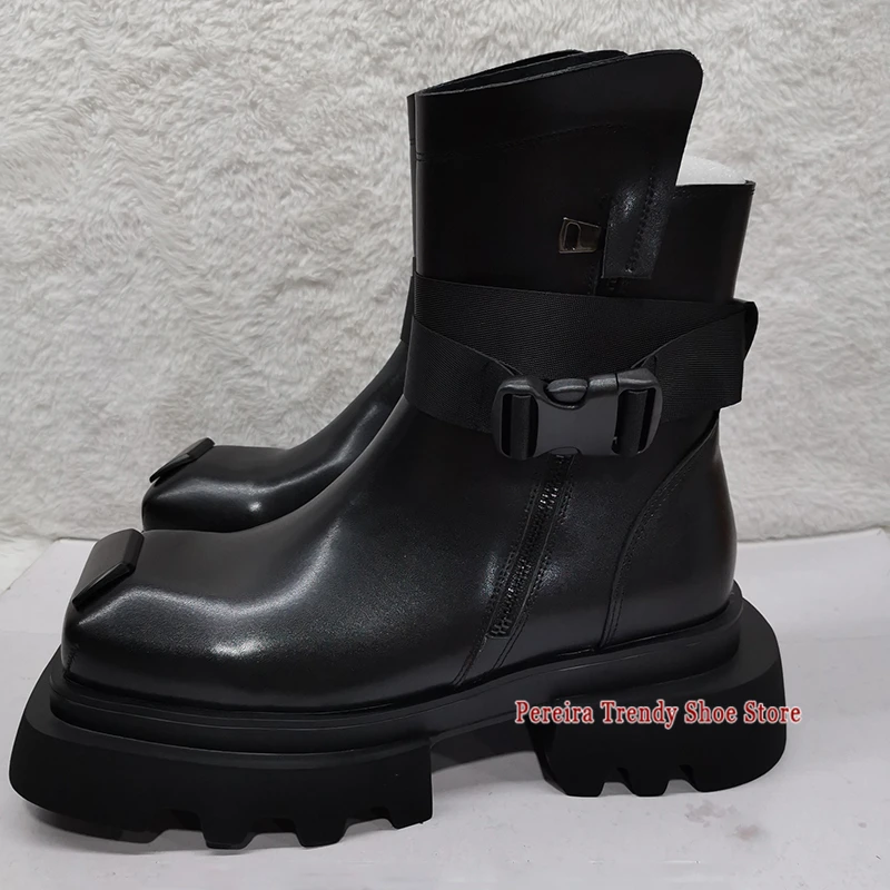 Square Toe Thick Soled Motorcycle Boots Couple Casual Shoes Autumn Winter Men Women Black Leather Buckle Platform Short Boots view 6