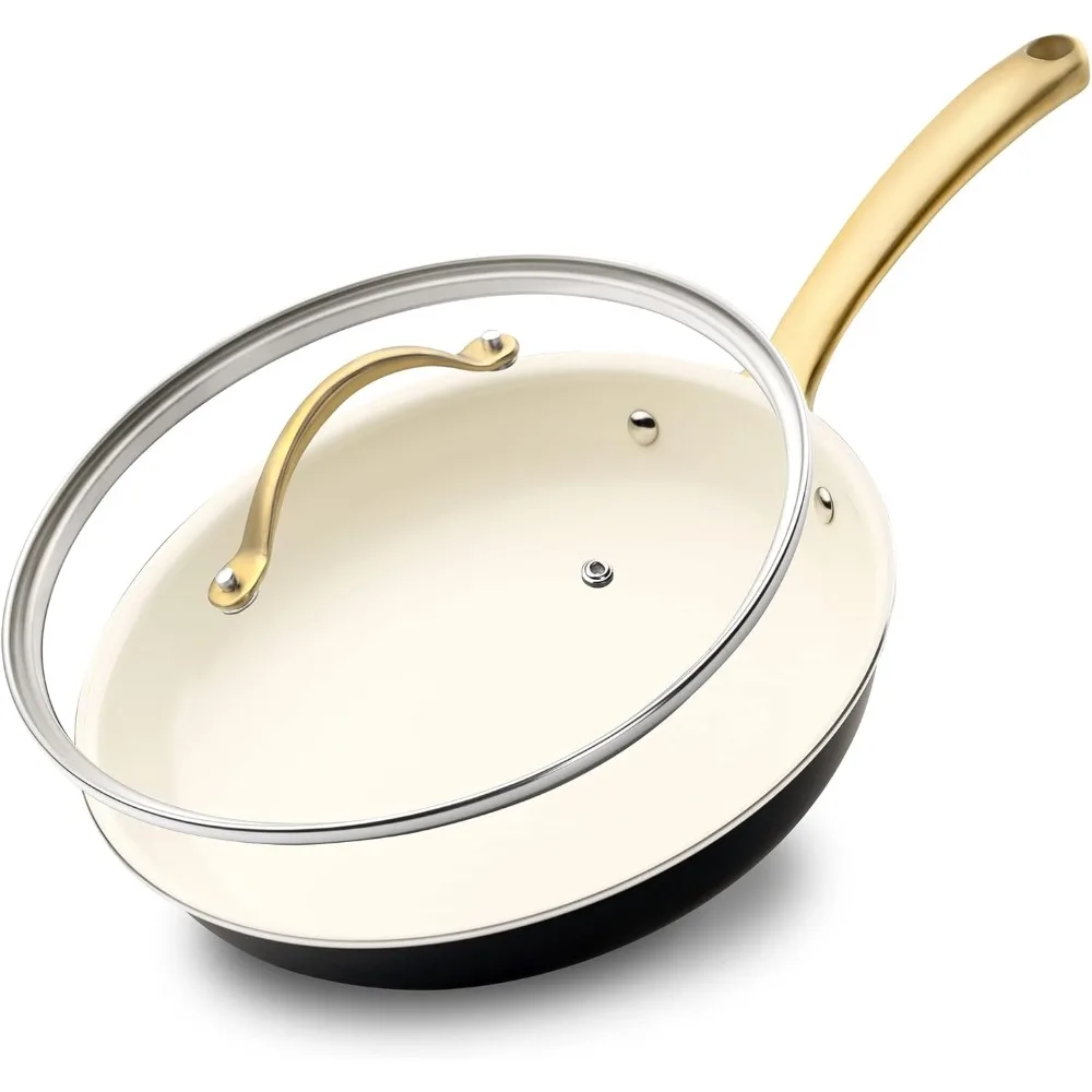 

10-Inch Professional Ceramic Frying Pan With Lid - Medium Skillet with Golden Titanium Handle