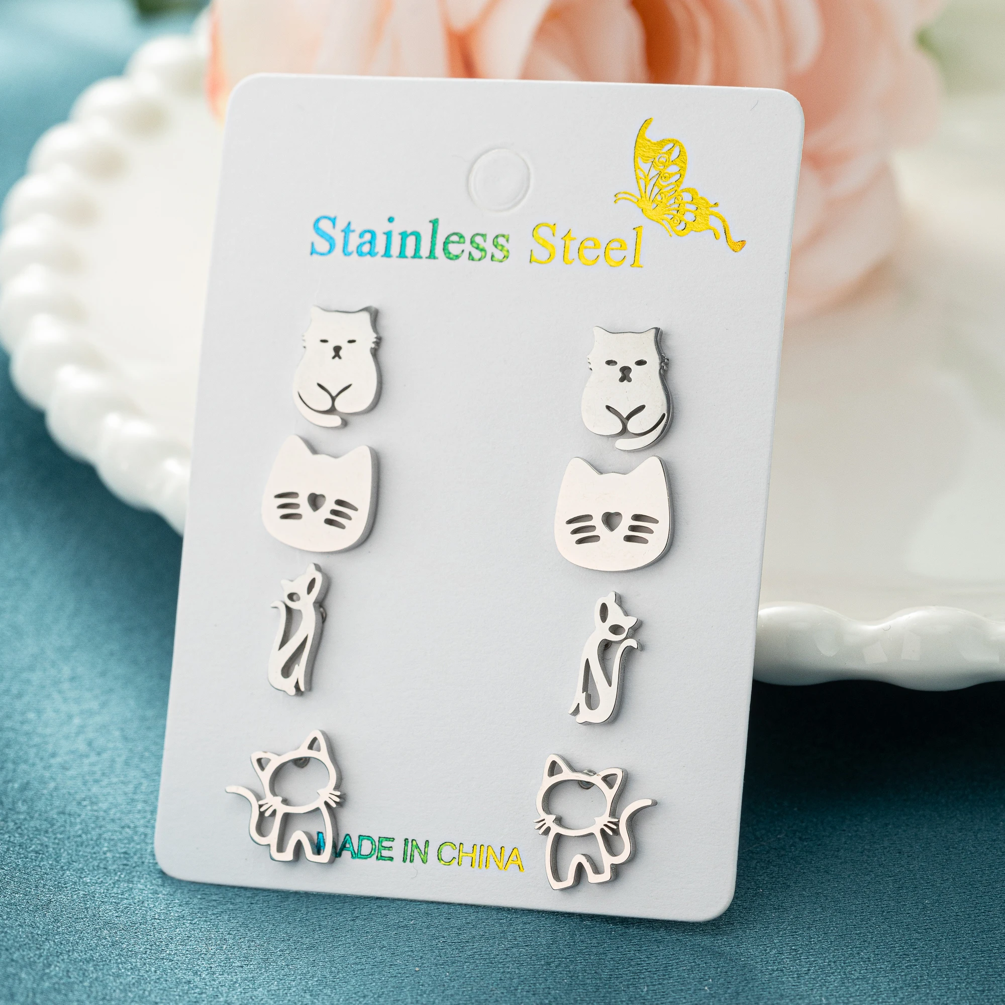 4Pairs/Lot Cute Cat Stainless Steel Stud Earrings Set For Mens Womens Gifts Trend Fashion Small Ear Piercing Jewelry Gifts