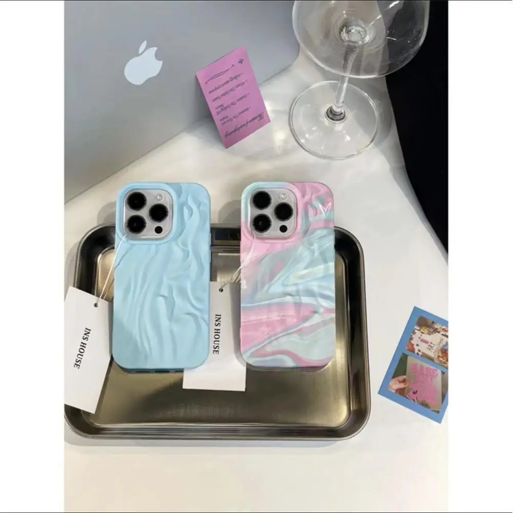 Sfumato Pink Blue Pleated Phone Cases for IPhone 11 12 13 14 Pro Max for IPhone Korean Vintage Phone Case Irregular Water Ripple