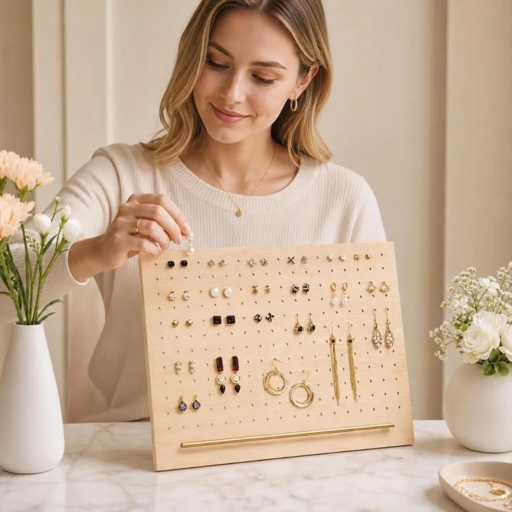 Simple Wood Earring Holder Porous Large Capacity Jewelry Storage Rack With Base Jewelry Display Board Bathroom