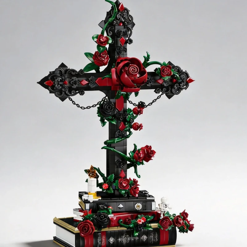 [Dark Rose] Building Block Gothic Skeleton Bouquet Cross Assembled Model Ornament