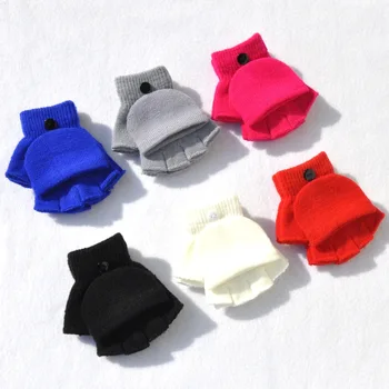 Verdickte Warme Baby Handschuhe Kinder Schüler Student Winter Gestrickte Fäustlinge Halbe Finger Flip Handschuhe Für 5-11Y Stricken Kinder Handschuhe