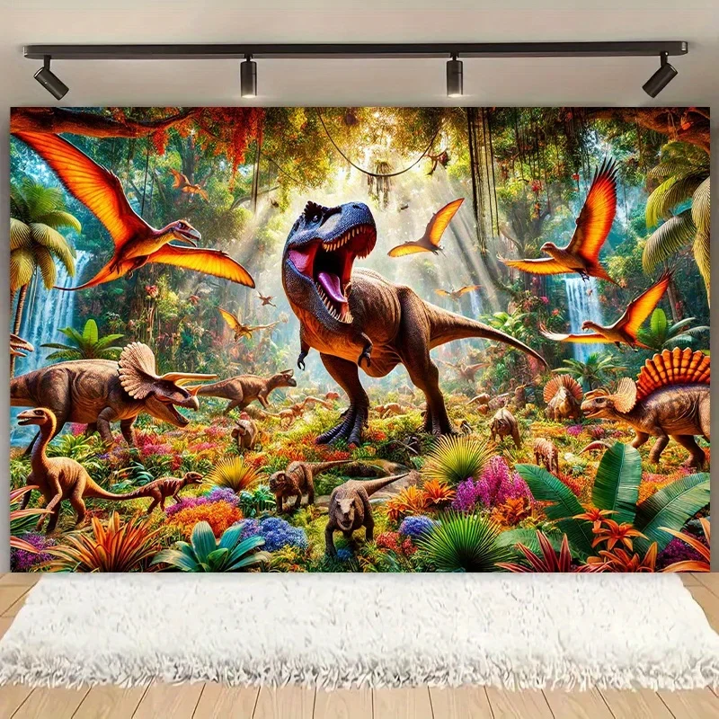 Vibrant Jurassic Jungle Scene Dinosaur Wall Mural Tapestry Tropical Rainforest Art Decor for Living Room Bedroom