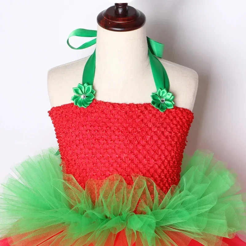 A Cute strawberry tutu dress red green tulle flowers Princess girls birthday party dress children kids Christmas Halloween costu