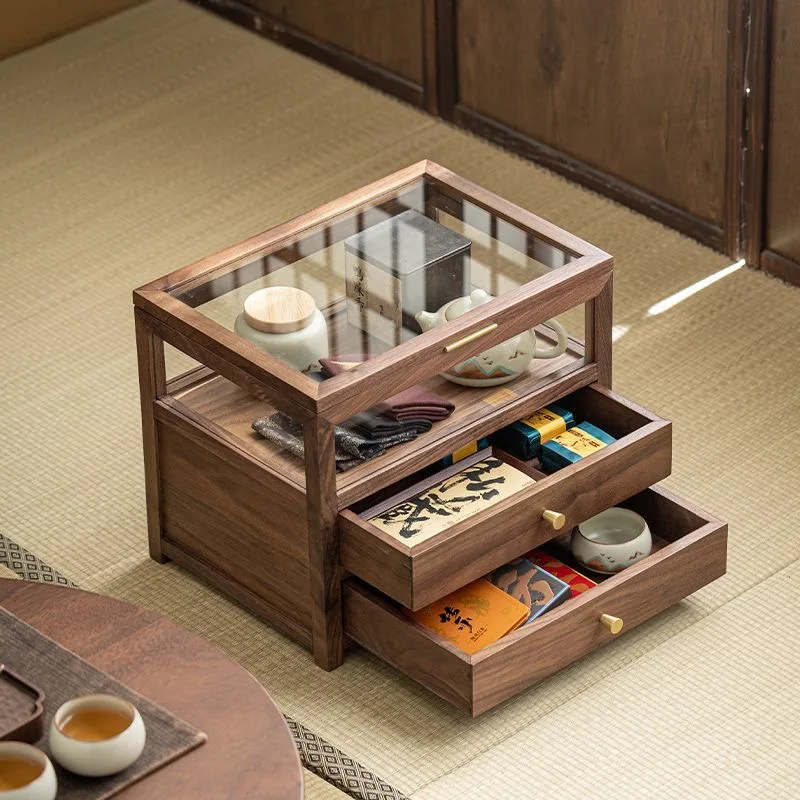 Desktop teapot storage box, black walnut teacup tea set holder, glass storage cabinet, solid wood finishing display cabinet