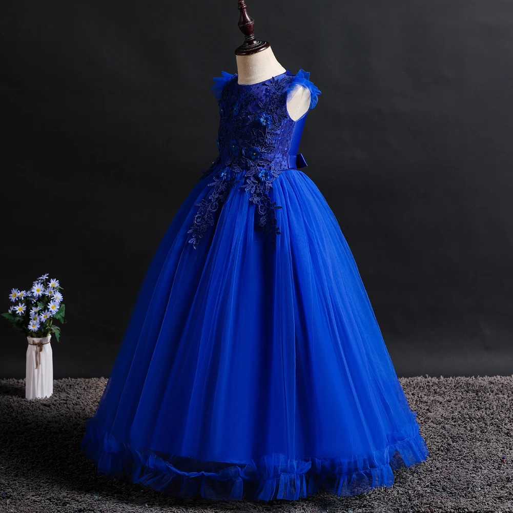 Blue New Girl Flower Elegant Long Dress FOR 4 to 14 years Children\'s Ball Embroidered Princess Dress