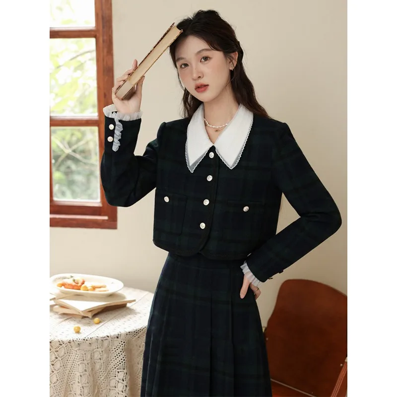 Vintage Plaid Two Piece Outfit Women Autumn Lapel Short Jacket Pleated Midi Skirt Preppy Style Suit S-3XL