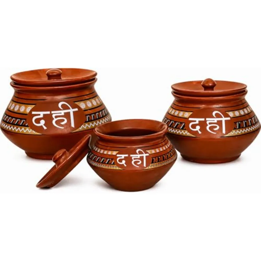 

Set of 3 Decorative Ceramic Dahi Handi Yoghurt Curd Serving Bowl Pot Storage Container With Lid, Indian Porcelain Clay Pot For