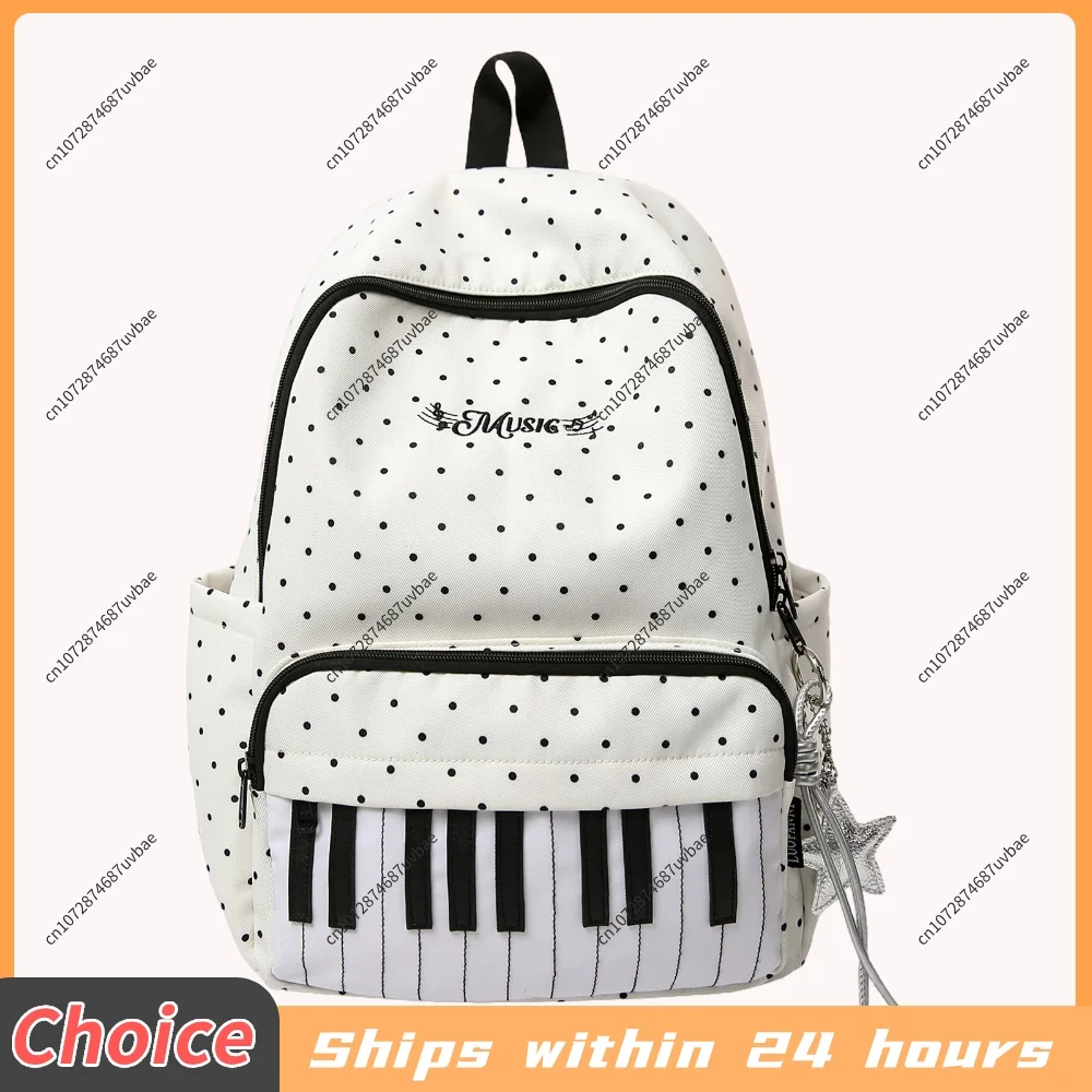 Nylon Casual Laptop Bag 16.9 Inch Polka Dot Piano Key Bookbag with Pendant for Teen Girls Travel Shopping Daily Use