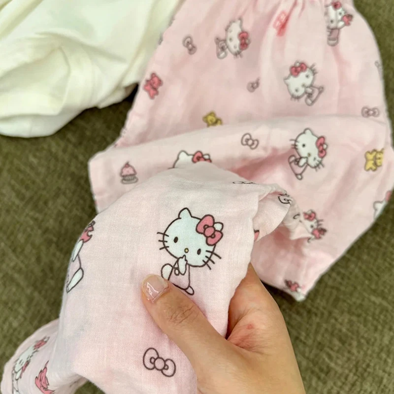 HelloKitty Cartoon Women's Summer Sleeper Pants, Cute Kitten, Loose Thin, High Waist Casual Pants, Essential for Home Use view 5