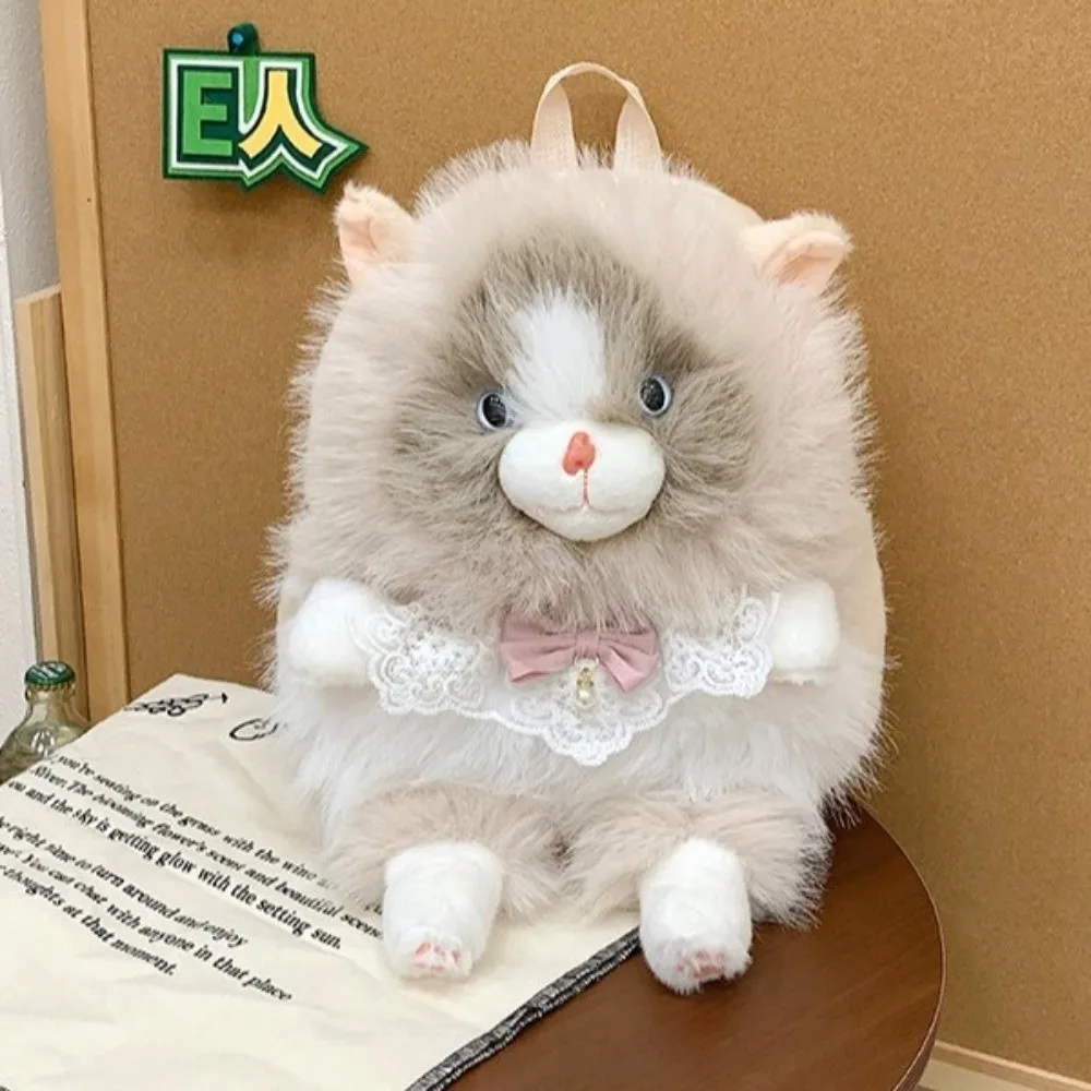 Fashion Soft Fluffy Cat Backpack Large Capacity 3D Rucksack Realistic Polyester Lining Shoulder Bag Travel