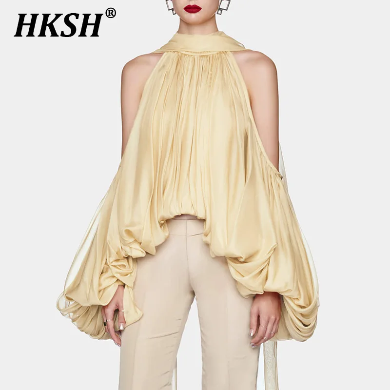 

HKSH Summer New Women Tide Chic French Sweet Fashion Elegant Casual Turtleneck Off Shoulder Chiffon Puff Sleeve Shirt Top HK5507