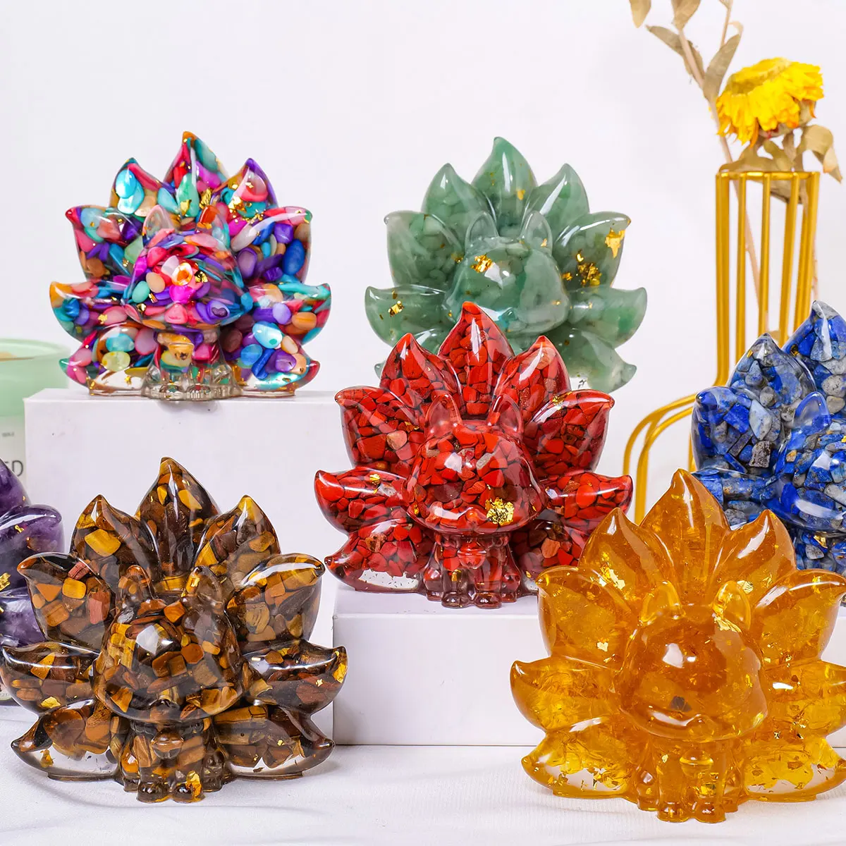 1PC Natural Crystal Macadam Gumming Resin Nine Tailed Fox Loveliness Animal Image Household Supplies Aquarium Decoration