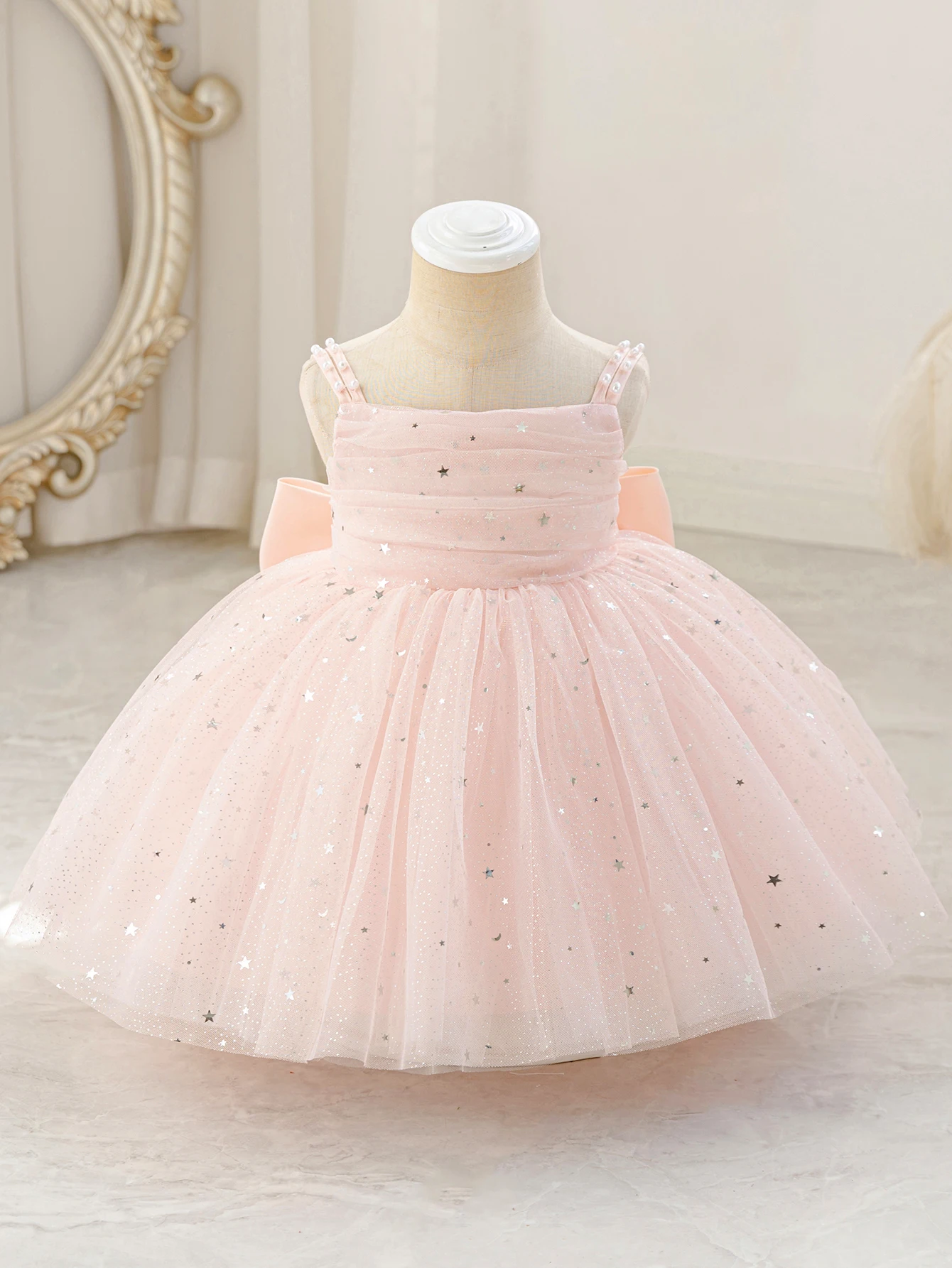 Elegant Pink Silk Party Dress for Girls Featuring Glitter-Embellished Net Overlay, Delicate Butterfly-Knot Accents Banquets