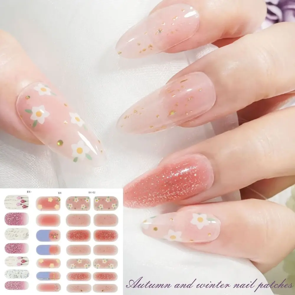 14 Strips Semi Cured Gel Nail Stickers Floristic French Nail Art Gel Nail Polish Strips Full Cover Nail Patch