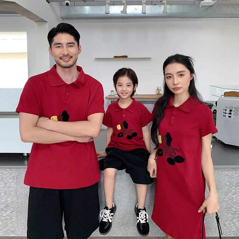 2026 New Year of The Horse Trendy Family Matching Outfits Red Polo Shirts for Family of 3-4 Mommy & Me Dresses Daddy & Son Sets