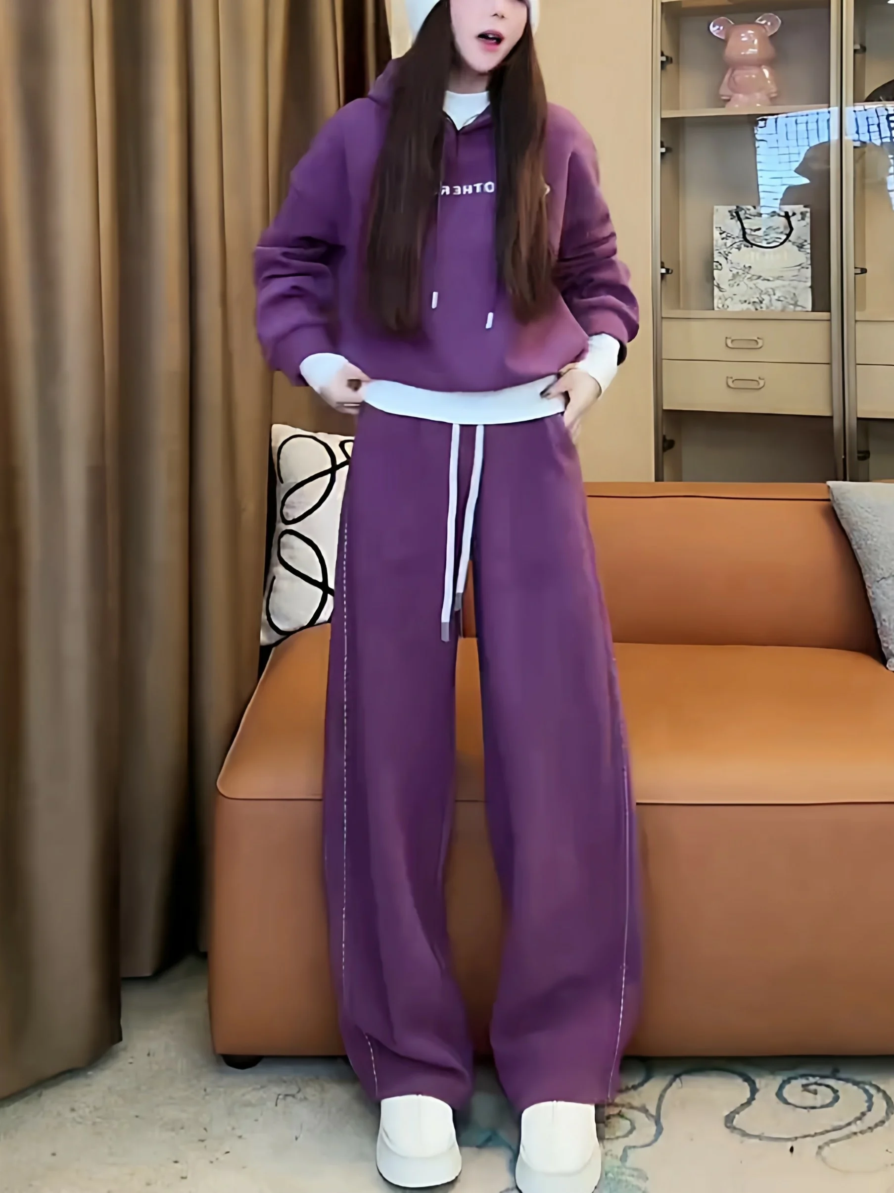 

La Chapelle Women's Sportswear Set Long Sleeve Hoodie And Pants Letter Embroidery Purple Casual Wear for Spring Autumn Winter