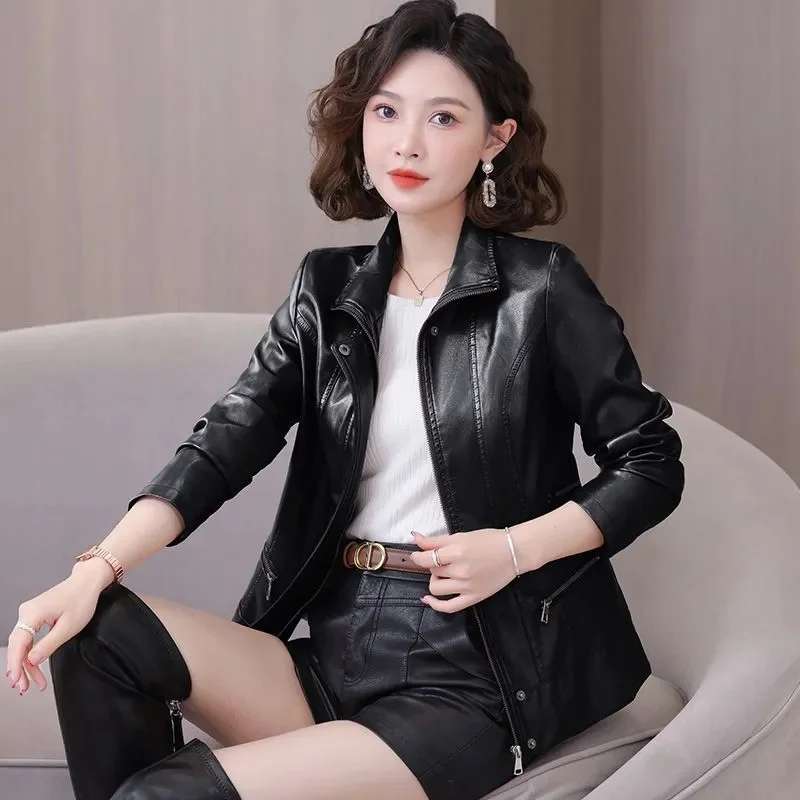Damski płaszcz skórzany 2025 nowa kolekcja wiosna jesień wiatroodporny wodoodporny wysokiej jakości kurtka PU damska krótka odzież wierzchnia modny płaszcz