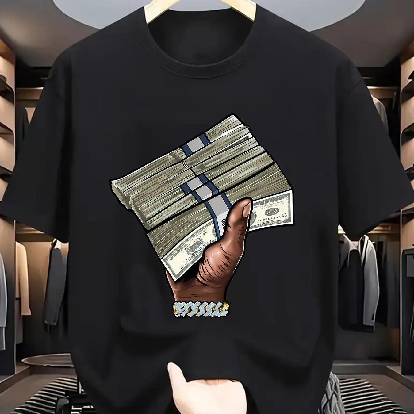 

Мужская голубая повседневная летняя футболка со стильным принтом денег, с коротким рукавом и круглым вырезом, которую можно стирать в машине, мужская одежда