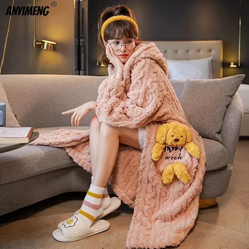 Nude Pink Teddy Fluffy Robes for Women Winter Thermal Hoodies Robe for Girl Kawaii Bear Bathrobe for Woman Warm Lady Sleepwear