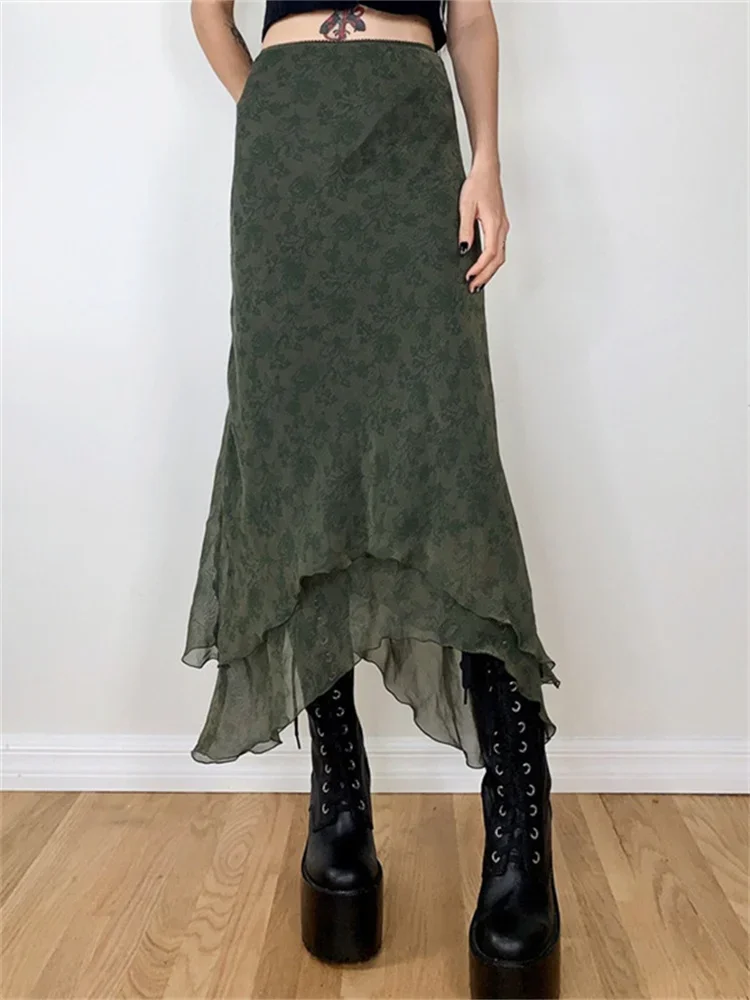 تنورات نسائية متوسطة الطول بنقشة زهور ، خصر مرتفع ، تنورة شبكية غير منتظمة ملفوفة ، جمالية Y2K ، جرونج ، ملابس غير رسمية مثيرة #1