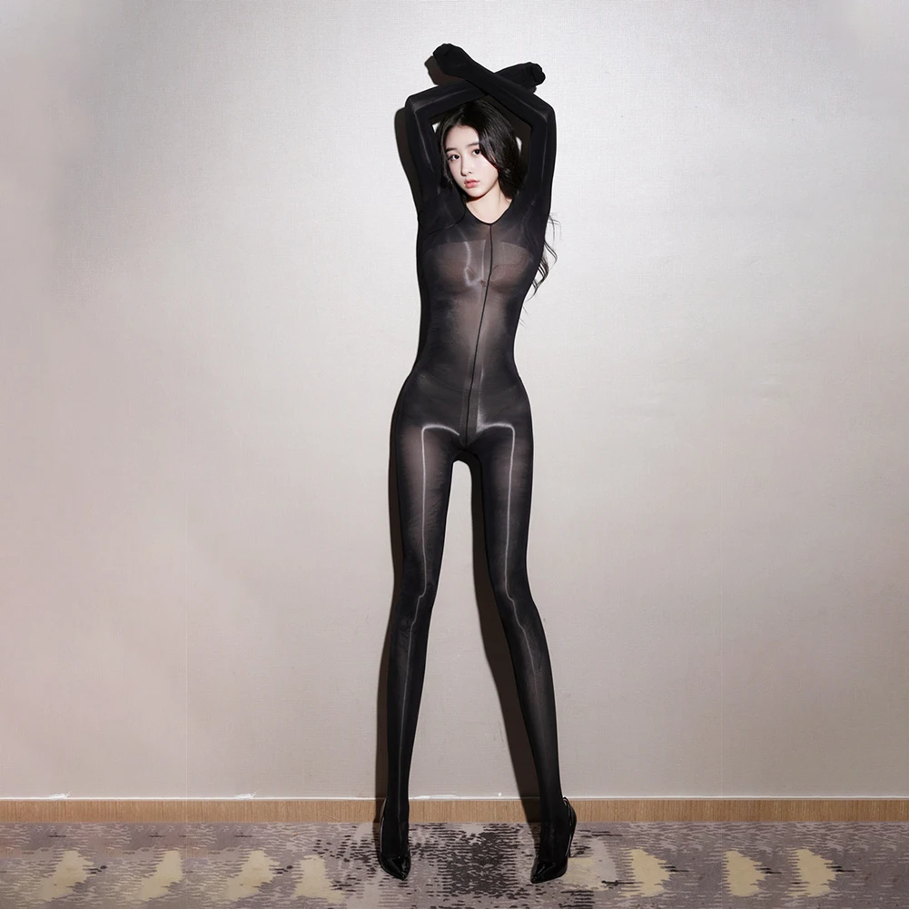 Sexy Bodysuit Women Shiny Full Bodystocking Sheer Jumpsuits Open Crotch Tights Sheath Bodyhose See Through Seductive Tights