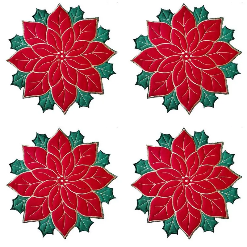 Hot Trend-Holiday Christmas Embroidered Placemats Applique Poinsettia Placemats Christmas Flower Placemat For Table Decoration