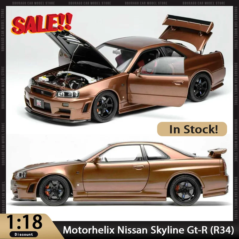 

Новинка в наличии Motorhelix 1:18 Nissan Skyline GT-R (R34) индивидуальная версия автомобиля из сплава миниатюрные литые украшения игрушки на заказ для детей