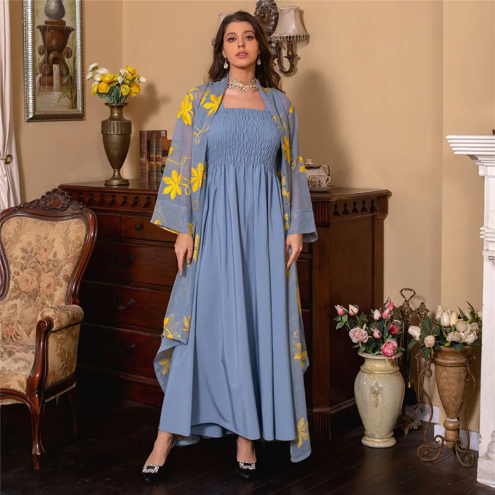 2 Piece Set Ramadan Eid Open Abaya Strap Dress Marocain Robe Dubai Turkey Kaftan Women Muslim Kimono Cardigan Jalabiya Gown Suit