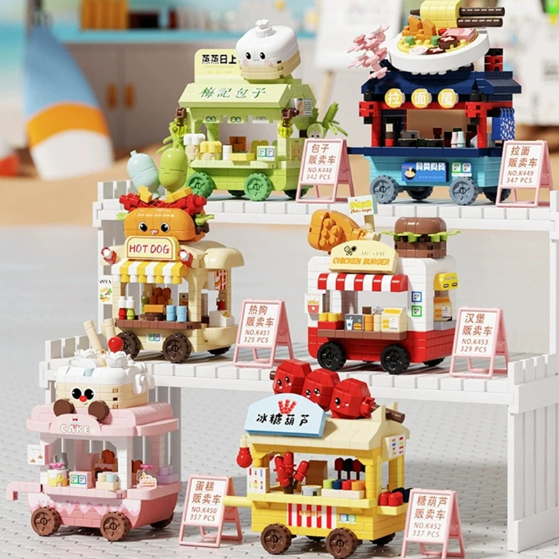 Kit de blocs de construction DIY pour camion de cuisine de rue - Modèle de chariot à hot-dogs, glaces, fleurs et hamburgers - Jouet pour enfants - Ensemble de briques pour enfants