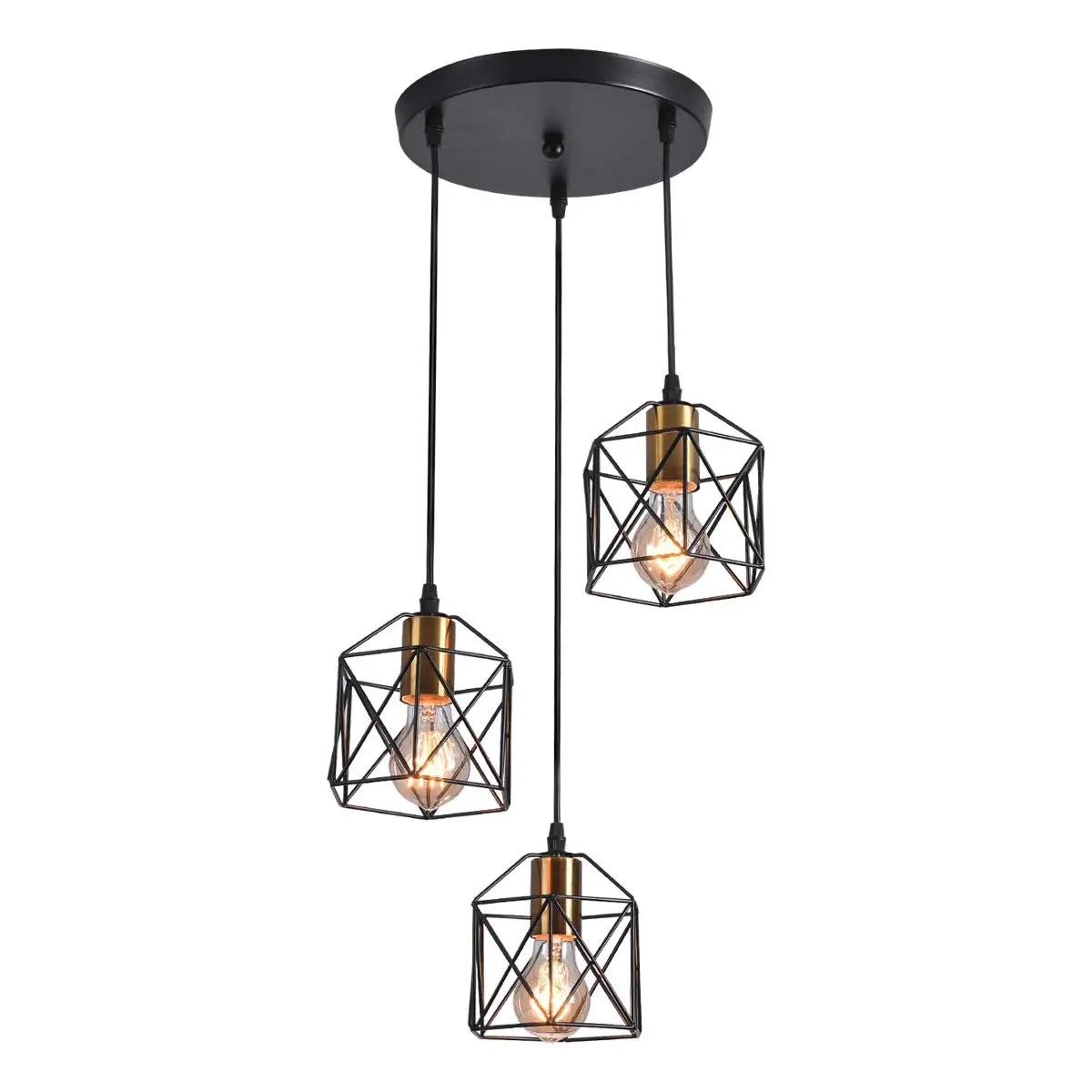 

3-Light Pendant Lighting Vintage Adjustable Hanging Light Fixtures Farmhouse Black Metal Cage Base for Kitchen Island Room Bar