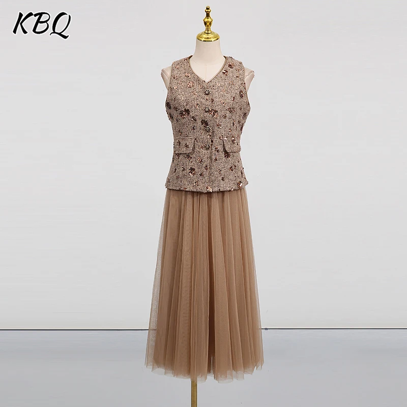 

KBQ Elegant Two Piece Set for Women V Neck Sleeveless Spliced Sequins Vest High Waist Patchwork Mesh Skirt Chic Set Female New