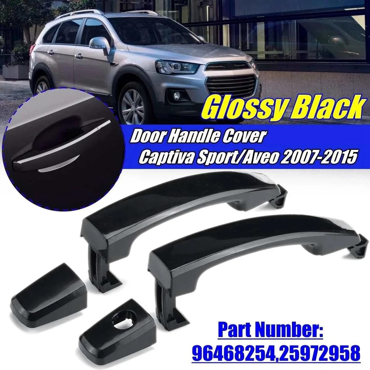 2X Front Left and Right with Keyhole Glossy Black ABS Door Outer Handle Covers for Chevrolet Captiva Sport/Aveo/Saturn