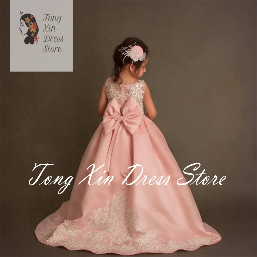 Pink Satin Pearl Belt Flower Girl Dresses Lace Decal Big Bow Customized for Birthday Parties Ball Little Kids First Communion