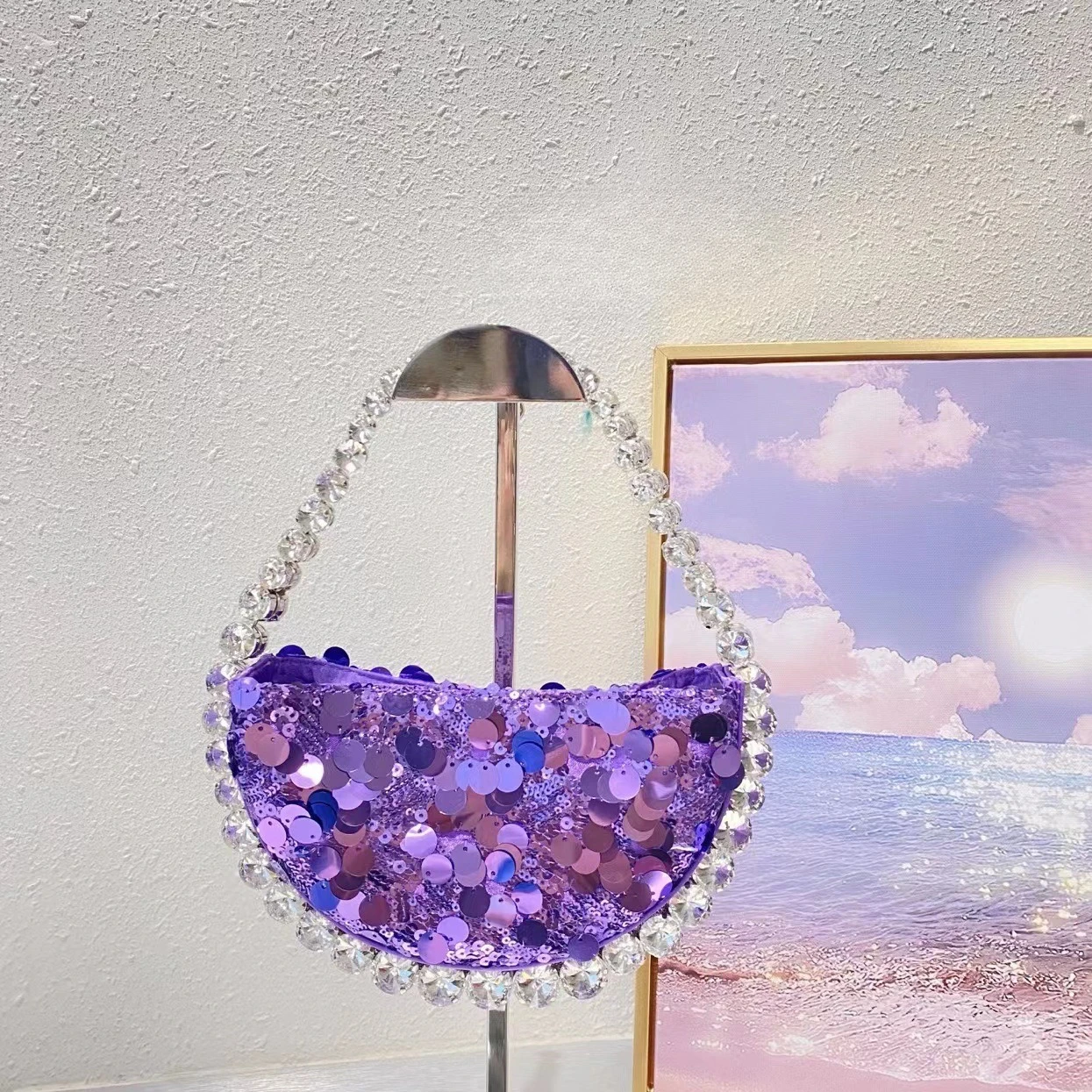 

Diamond Semicircular Box Bag Dinner Party Rhinestone Beads Mobile Phone Hand Holding