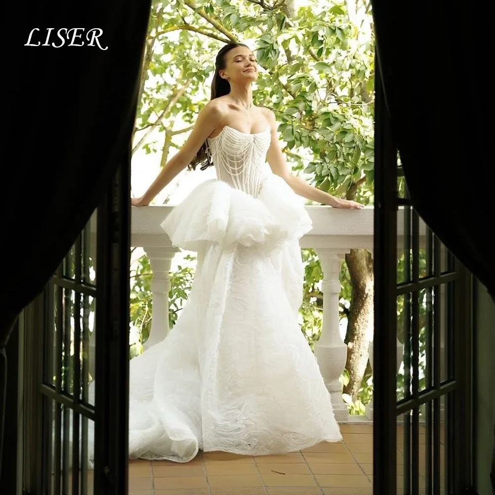 Liser Sweetheart A-Line Beaded Luxury Wedding Dresses Tiered Silk Tulle Lace Customized Elegant Long Bridal Gowns robe de mariée