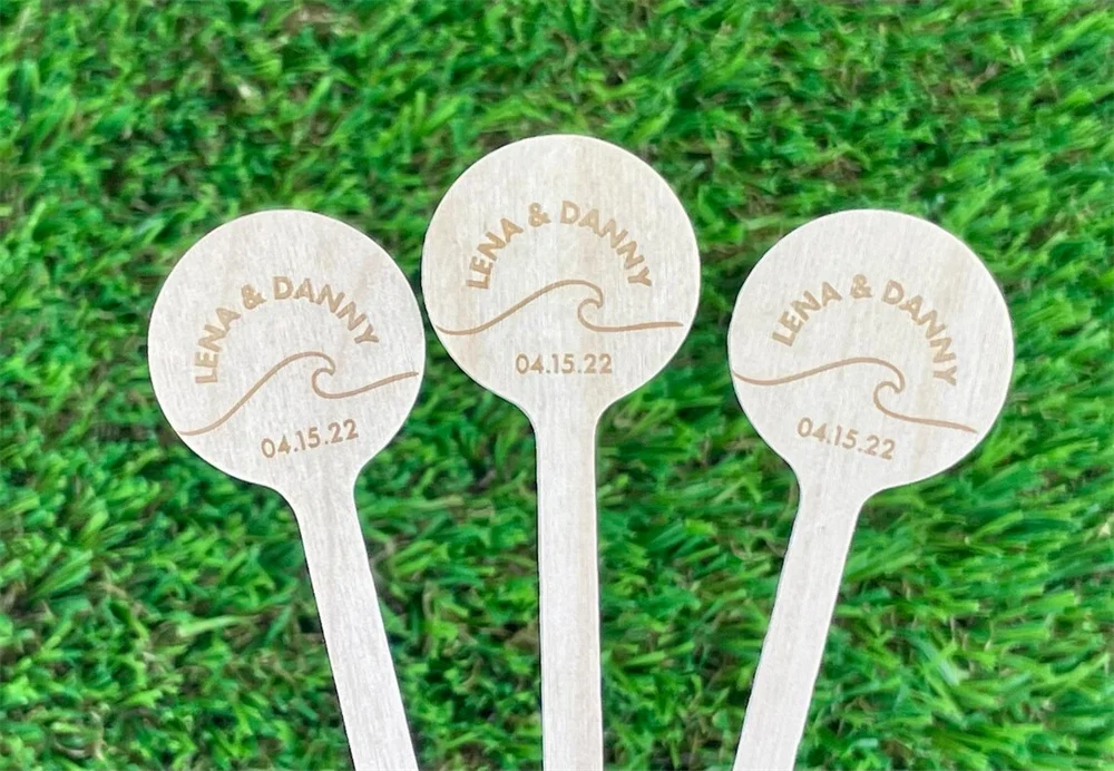 50 Custom Wood Stir Sticks, Beach Vibes Cocktail Sticks, Wedding Drink Stirrers, Round Top