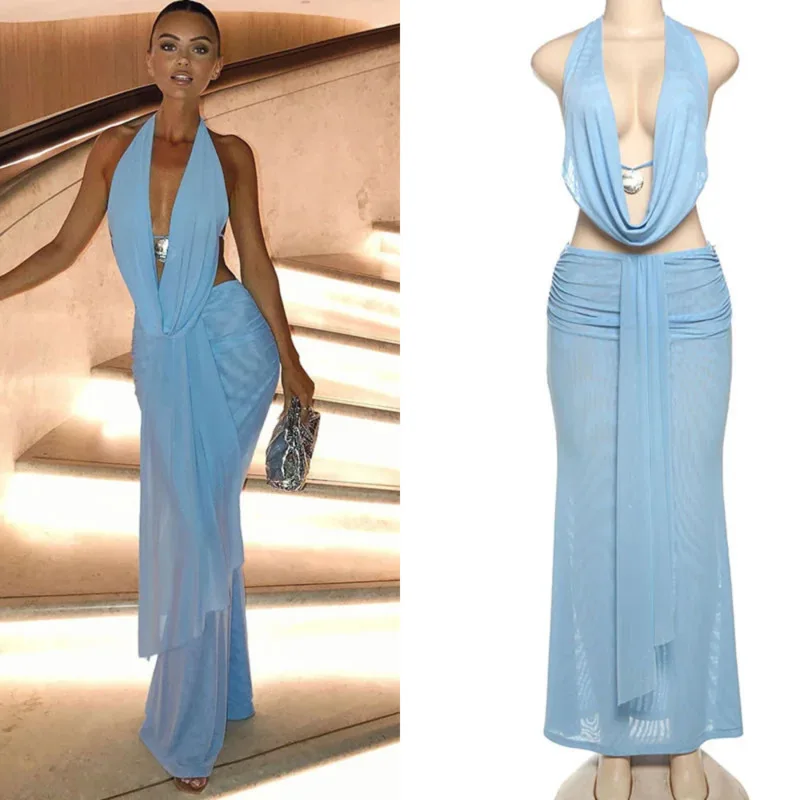 

2025 Y2K See Through 2 Piece Set Women Halter Swing Collar Crop Top Ruched Waist Long Skirt Sexy Club Party Outfit Holiday Dress