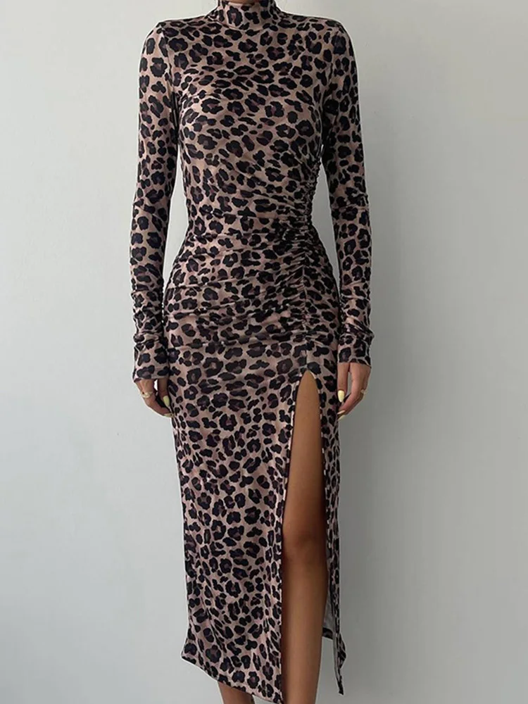 

Deioao Half High Collar Leopard Print Sheath Dress Elegant Women Long Sleeve Midi Dress Slim Fit Female Hollow Out Slit Dresses