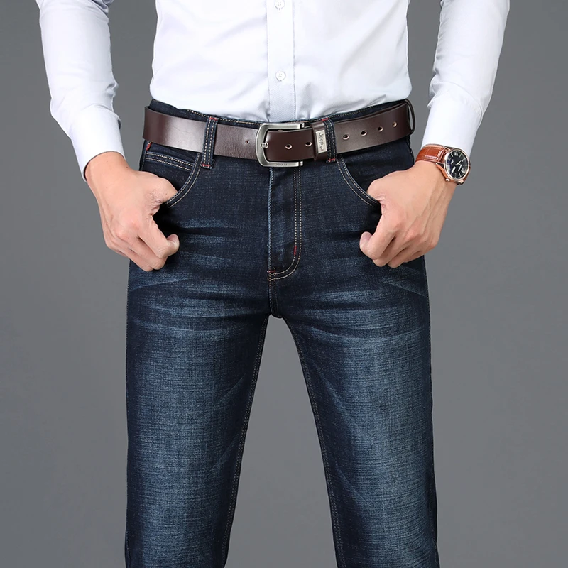 SULEE Brand European American Style Stretch Men Jeans Luxury Men\'s Denim Trousers Slim Straight Deep blue Gentleman Mens Stretch