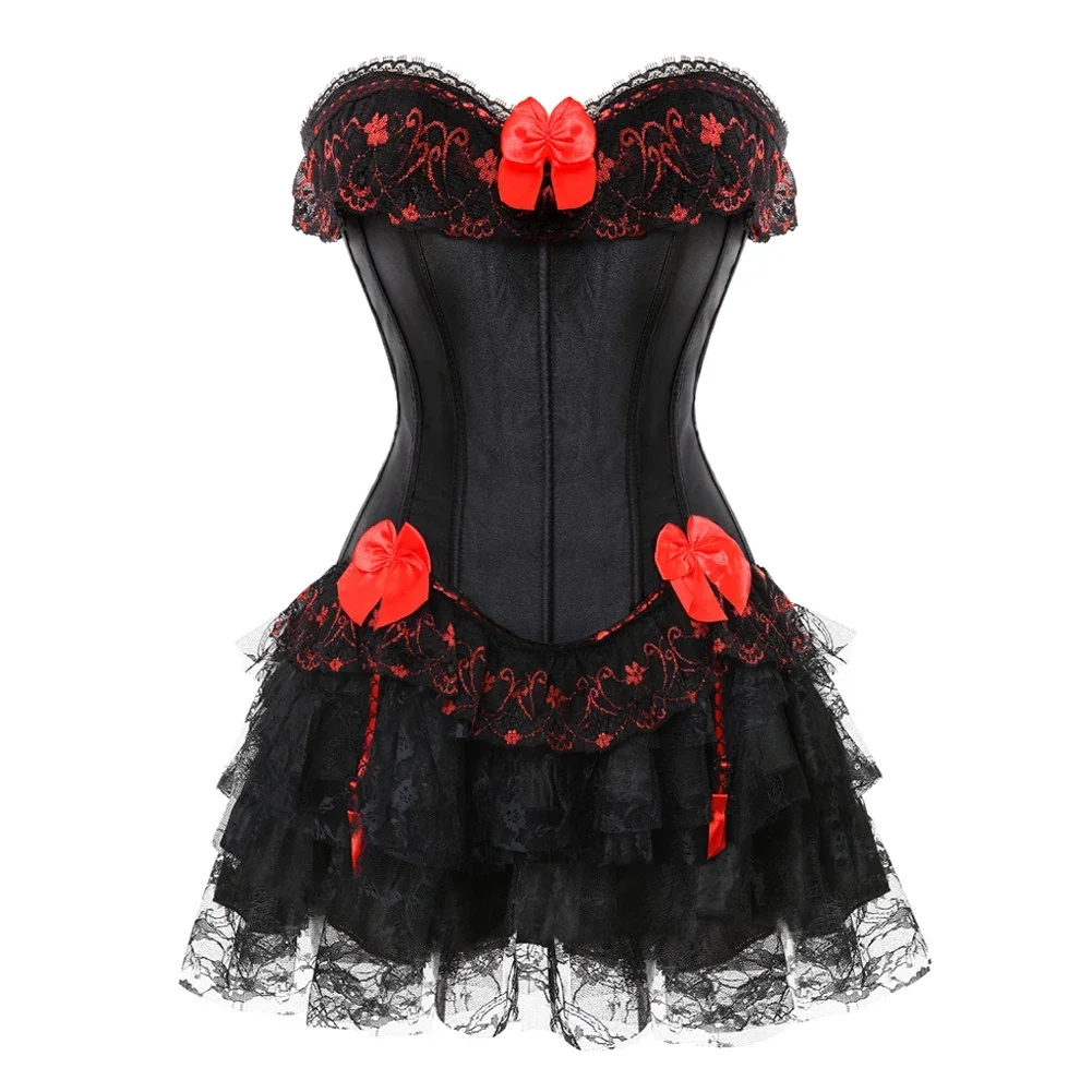 Gothic Sexy Lace Overbust Corset Top Women Bustier Lingerie Tutu Mini Skirt Burlesque Party Costumes Plus Size Corset Dress