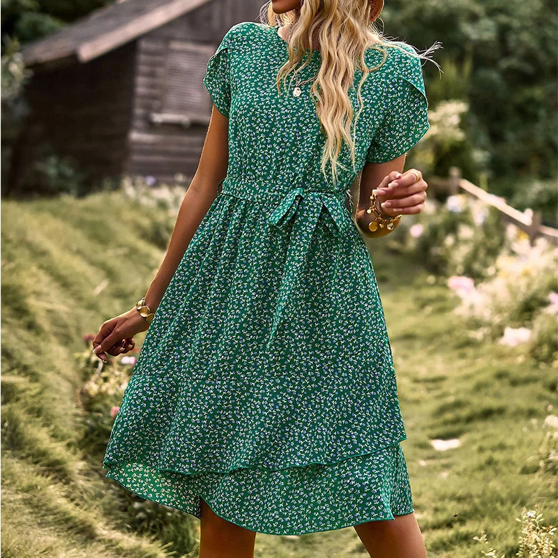 ผู้หญิงที่สง่างามฤดูร้อนชายหาดชุดมินิลําลอง O คอพิมพ์ Sundress Boho วันหยุดจีบชุดดอกไม้สุภาพสตรี Vestidos Плае