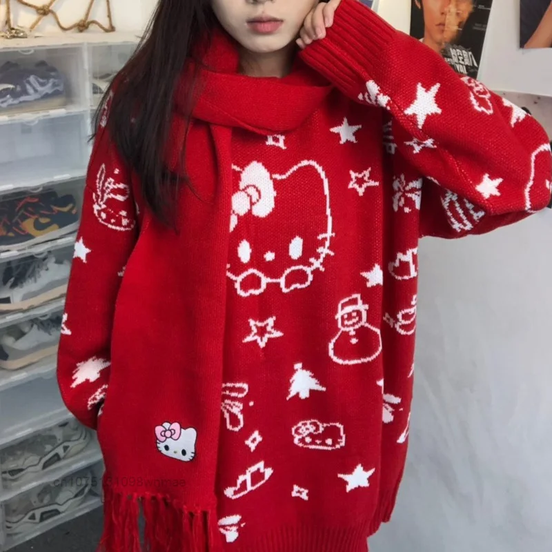 Christmas Hello Kitty Sweet Knitted Pullovers Sweater with Scarf for Women Y2k Sanrio Cute Cartoon Casual Loose Knitwear Tops