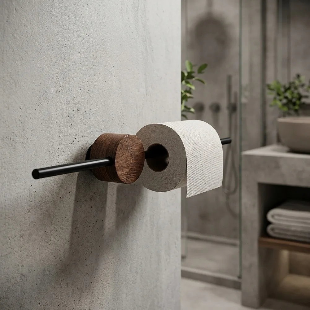 Modern Walnut Wood Towel Rack 40cm for Bathroom with Black Aluminum Bracket Rust Resistant Wall Mounted No Drilling