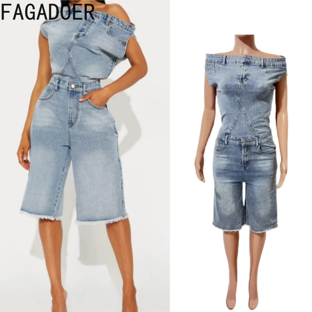 

FAGADOER Fashion Off Shoulder Denim Irregular One Piece Jumpuits Women Short Sleeve Button Pocket Jeans Rompers Female Overalls