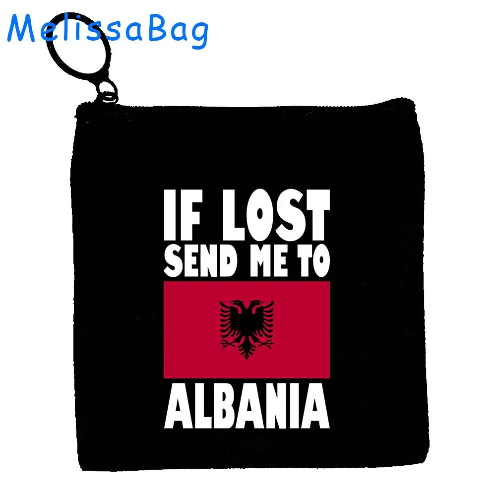 Tirana Berat bendera peta negara Albania hadiah Hati dompet koin kanvas tas kanvas tas kunci persegi kecil tas penyimpanan kantung ritsleting