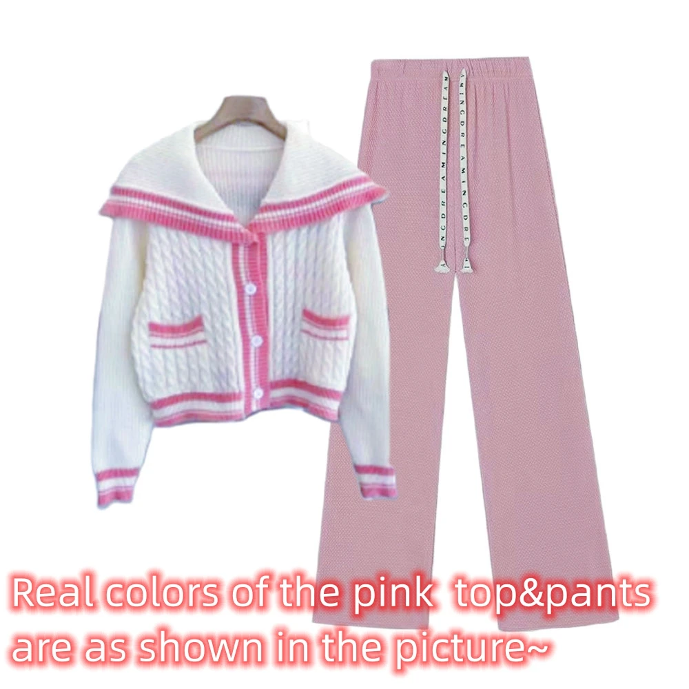 Knitted Spring Preppy Style Sailor Neck Women\'s Knitted Cardigan Elastic Wide Leg Pants Long Sleeve Korean Sportswear Set